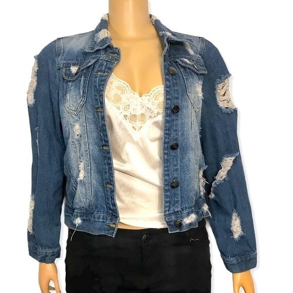Between Us Denim Trucker Jacket factory Ripped and Distressed size S - Picture 7 of 16